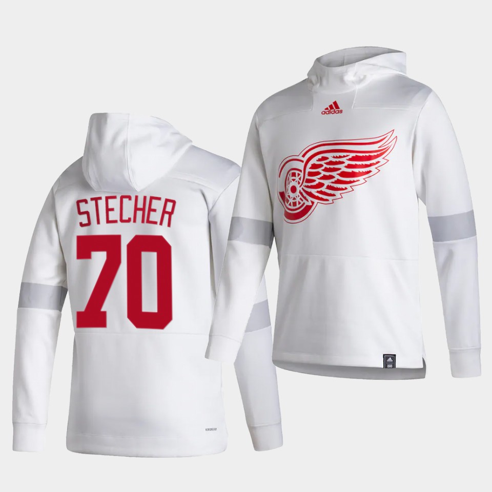 Men Detroit Red Wings #70 Stecher White NHL 2021 Adidas Pullover Hoodie Jersey